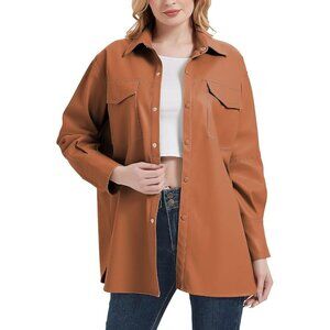 🆕 Women Brown Faux Leather Blazer Jackets Spring Fashion Vegan Button Down Coat
